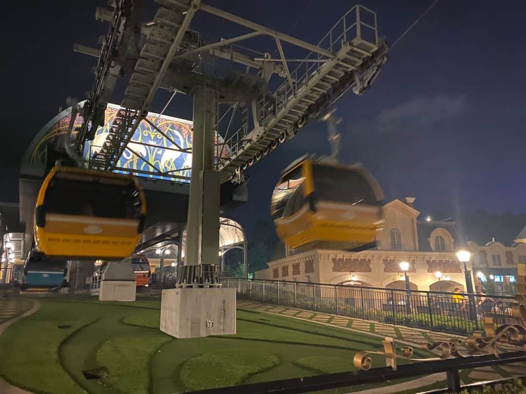 Disney Skyliner Photo at night from Epcot International Gateway near Disney Beach Club Resort 