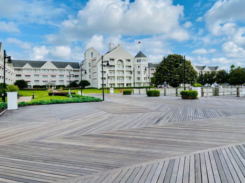 Disney Yacht Club Resort at Walt Disney World - outside view of the hotel and property grounds. 