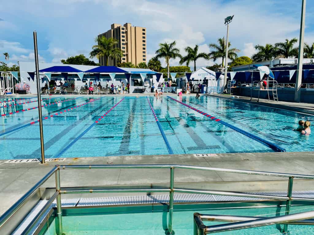 Lifeguards are stationed throughout the North Shore Aquatic Complex and photo of the pool and ADA accessible pool entry.