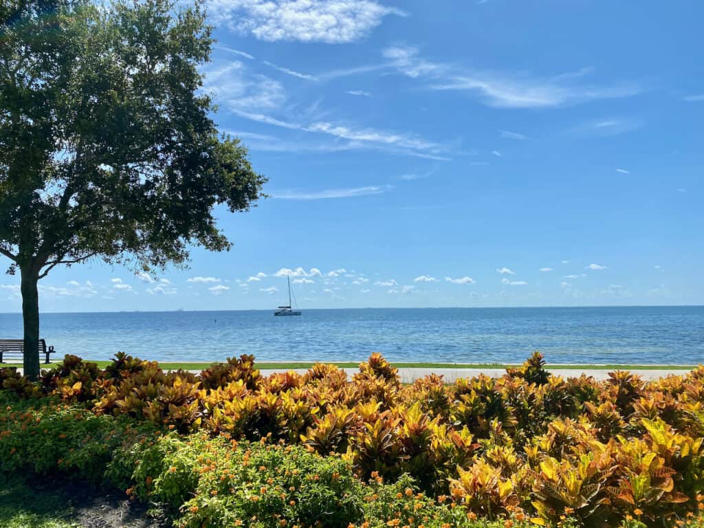 North Shore Park St Petersburg FL has wide open blue water views of Tampa Bay.  In the distance is a sail boat. 