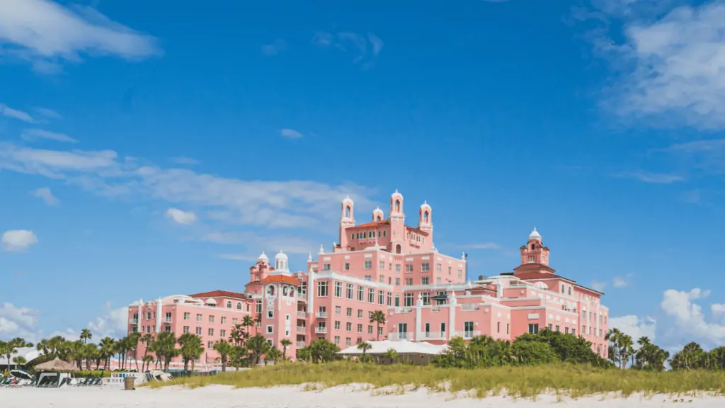 Bright colorful, pink hotel on the beach with gorgeous gulf views and white sandy beaches.  Don CeSar Hotel in the ideal 5-star beach resort in St Pete Beach. 