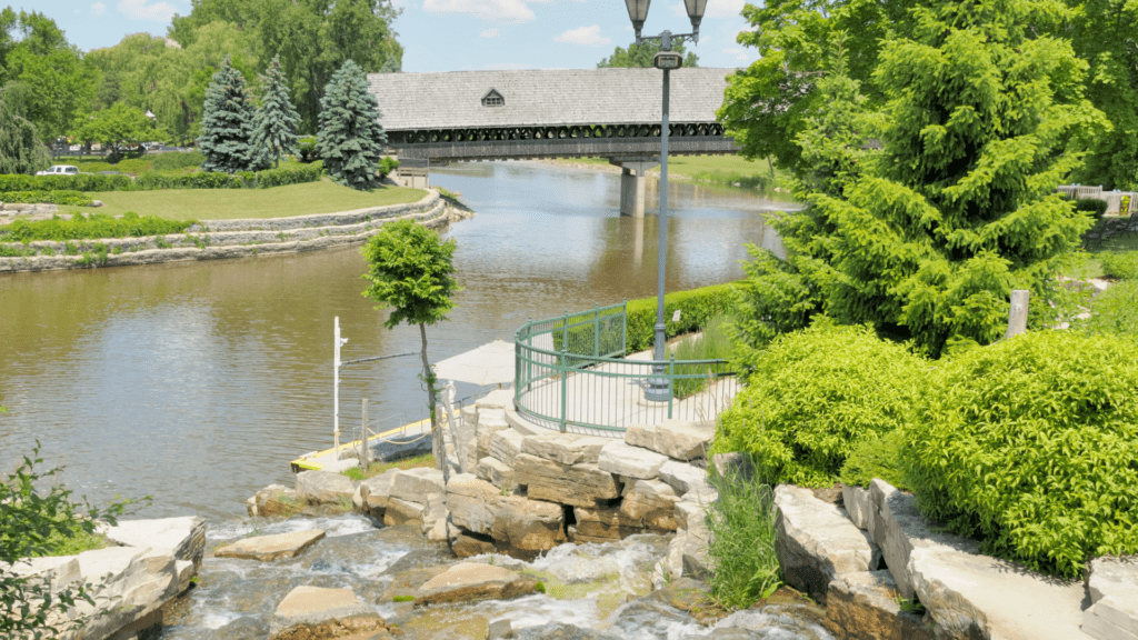 Bavarian Inn's Holz Brücke Covered Bridge and Cass River seen below.