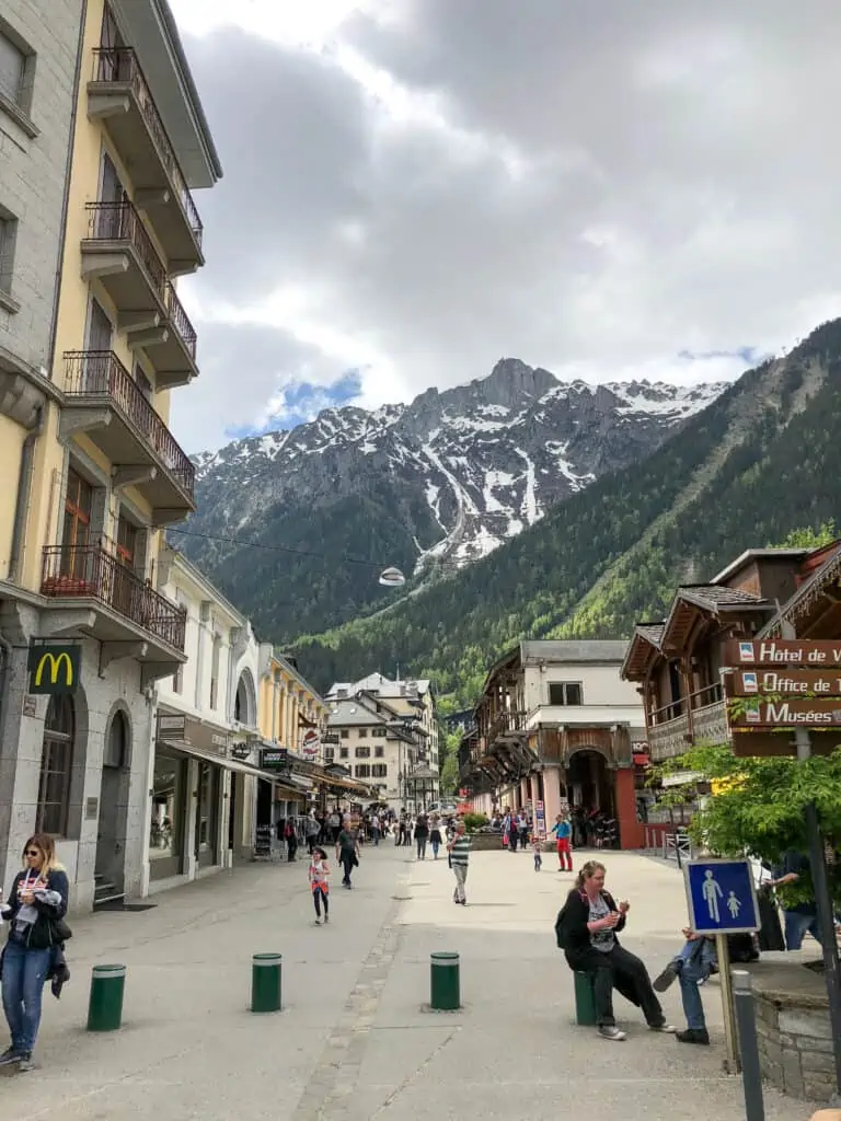 Chamonix Shops with Mont Blanc in the distance.