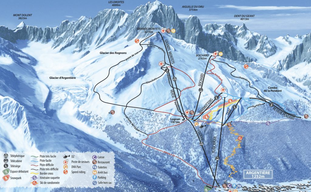 Chamonix snowboards fun on the Les GRand Montets. Piste Map provided by Chamonix.net.