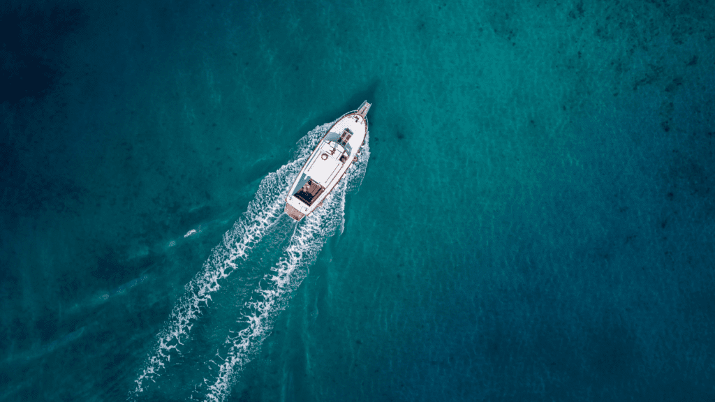 Boat charters are fun way to spend time on the Gulf of Mexico.  Photos an ariel shot of a charter boat. 