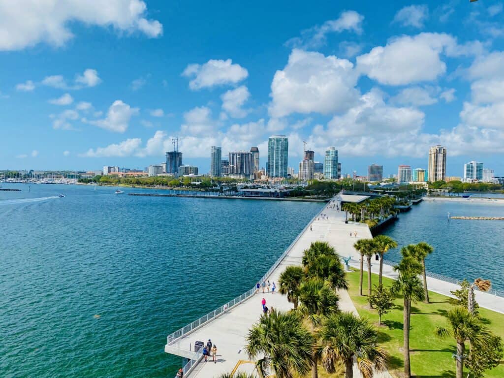 View from the top of St Pete Pier showing downtown St Petersburg in the distance.  St Petersburg vs Tampa - St Pete has more outdoor spaces. 