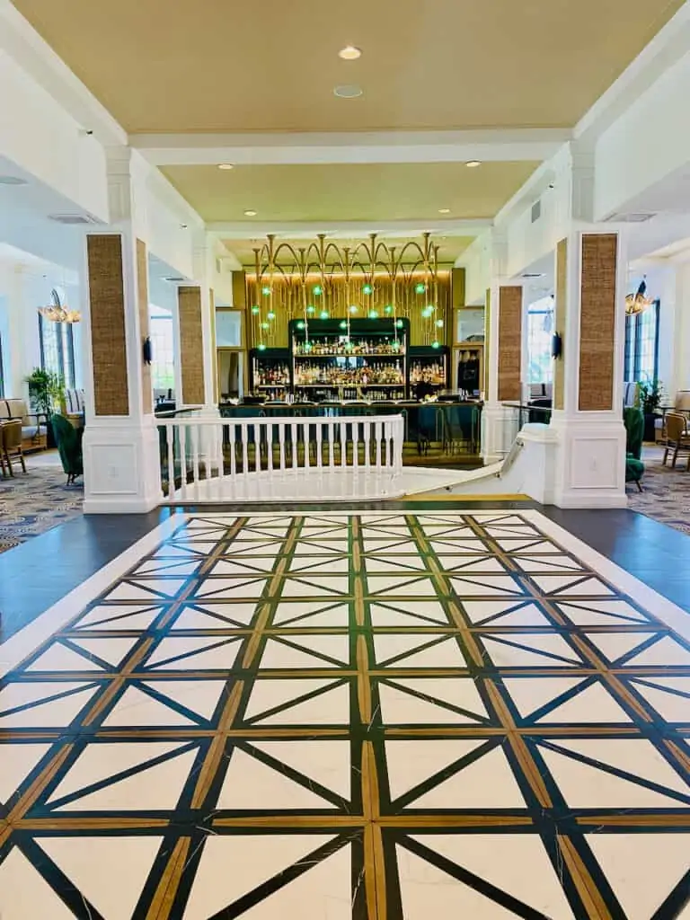 Hotel lobby is large with beautiful tile flores with gold, back, and white.  It has a green colored bar also off the lobby.  Don CeSar is a great place for a St. Pete Spring Break Hotel.  