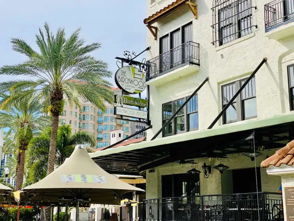 The front entrance of the birchwood hotel in downtown has outdoor seating, restaurant, and a rooftop bar.  It has one of the best water views for a hotel in the area. 