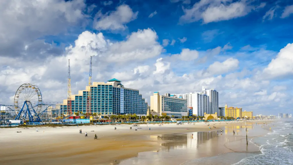 Daytona Beach, Florida with hotels and resorts shown on the beach. 
