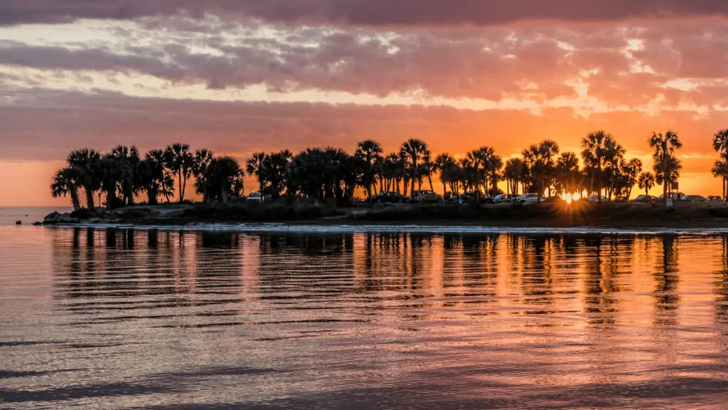 Fred Howard Park in Tarpon Springs Florida, showing beach sunset with palm trees and orange sky.