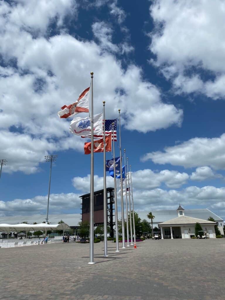 The Equestrian is on property at the world equestrian center.  Flags and grand entrance shown. 