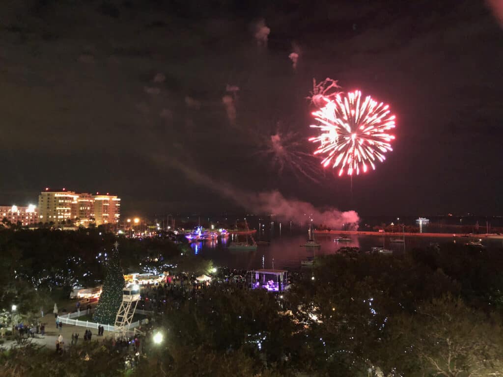 Fireworks and Christmas Lights in St Petersburg Downtown. 