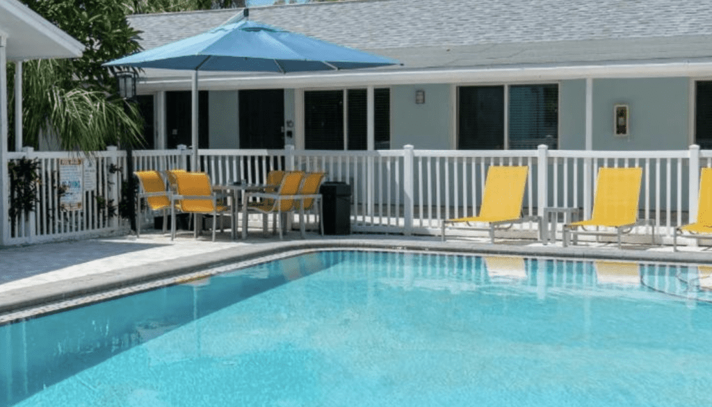 Park Shore Suites in St Pete Beach showing pool area and motel room doors facing the pool