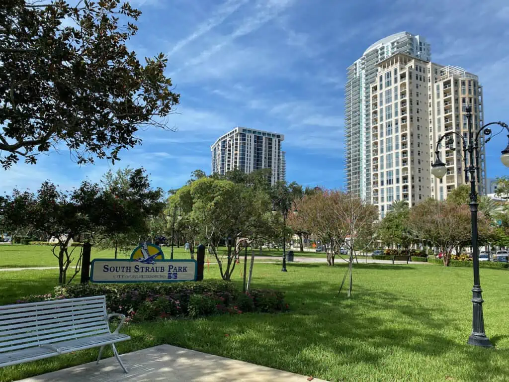 South Straub Park showing wide open green spaces in the heart of downtown st pete.