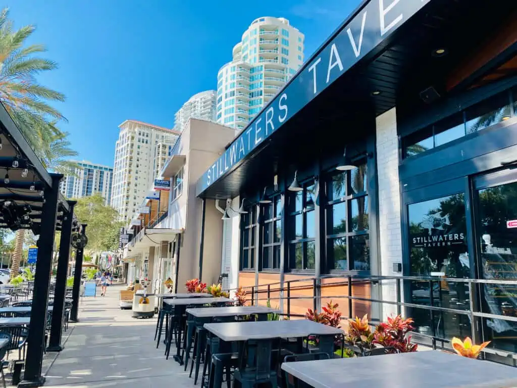 Stillwaters Tavern is a nice option for a beer with lighter fare. Showing outdoor seating and beautiful views of highrises. 
