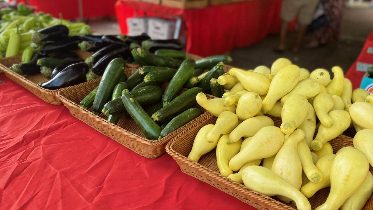 Saturday Morning Market showing some of the vegetables for sale from the vendors.  