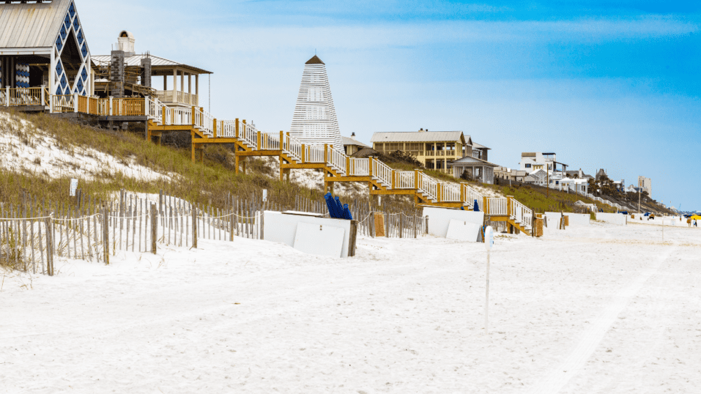 Seaside, Florida Beach showing the city above 