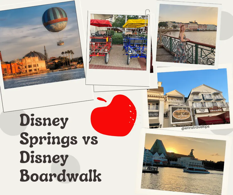 collage of photos of Disney springs and Disney boardwalk photos collage.