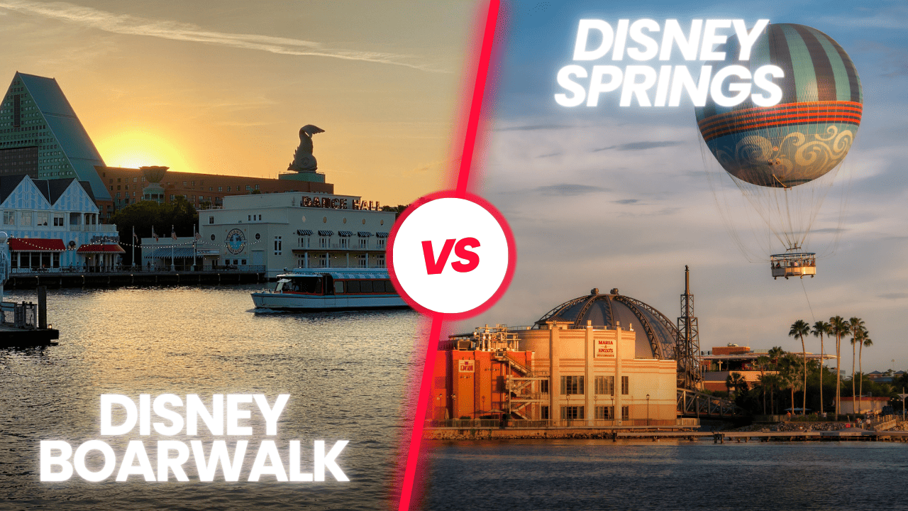 disney springs vs disney boardwalk photos side by side sunset views
