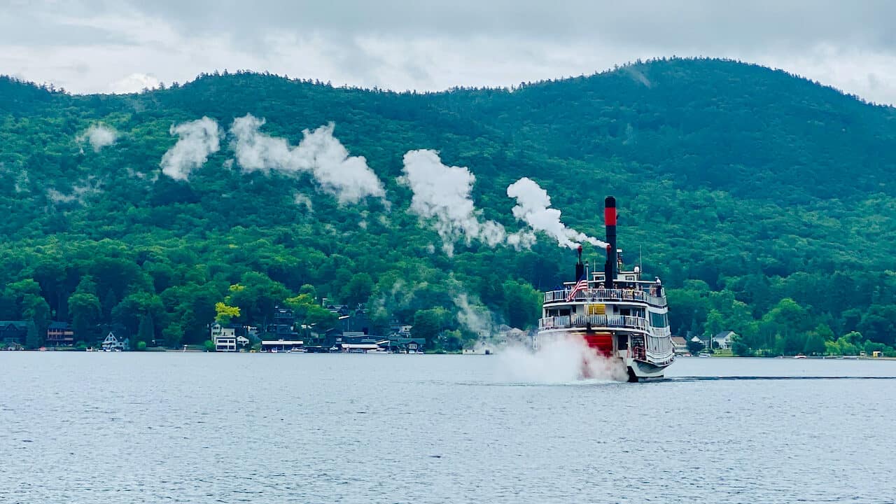 Lake George NY with view of the steamboat in the distance