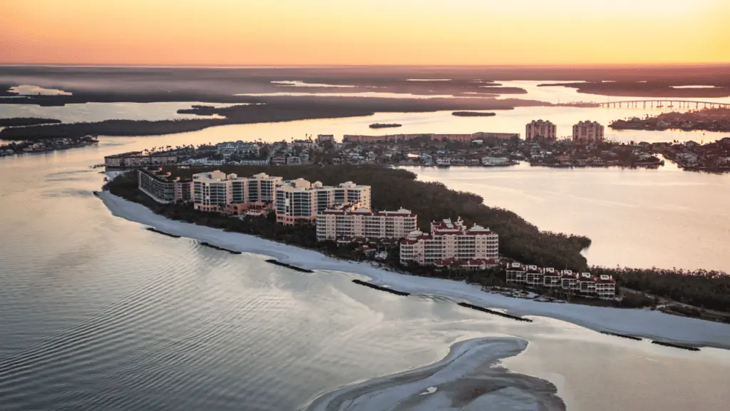 Marco Island sunset is one of the florida vacation getaways  surrounded by water, showing an sky view