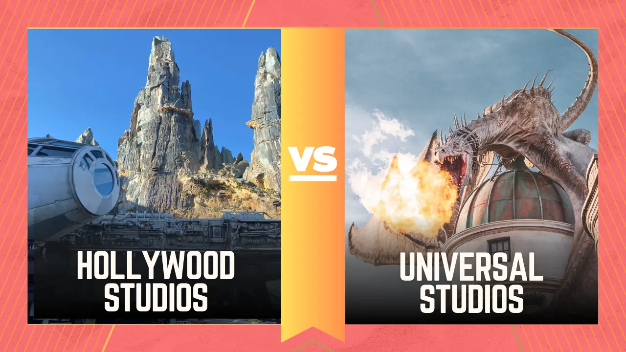 Hollywood Studios vs Universal Studios showing photos comparing both theme parks.