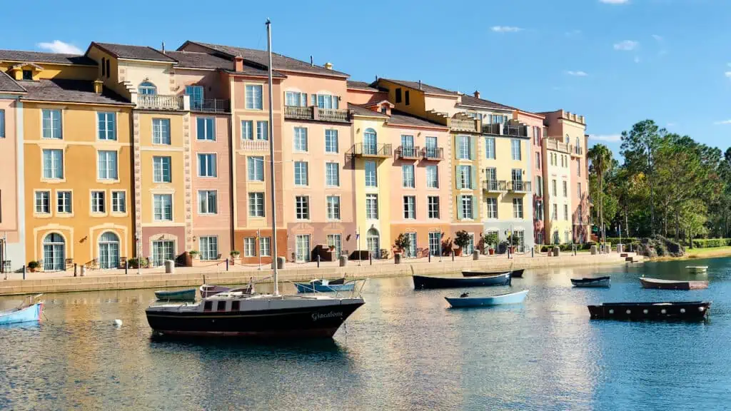 Loews Portofino Bay Resort Orlando showing the boats and water views next to the hotel