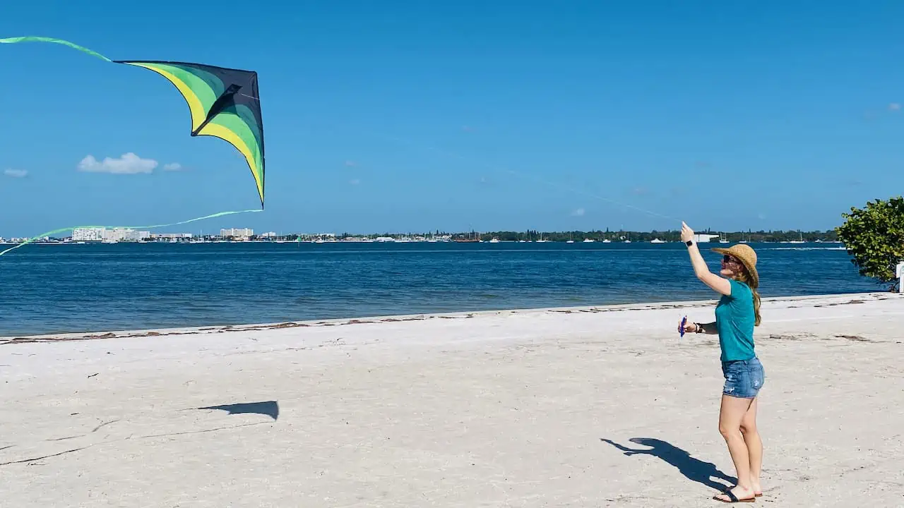 Erin flying a kite on the beach.